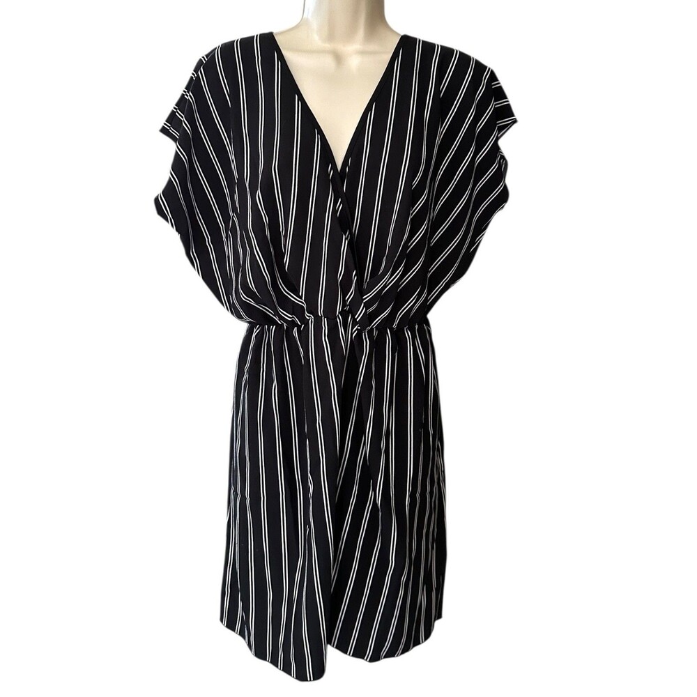 Lac Bleu Women's Faux Wrap Beach Cover-up Dress Short Sleeve Sz M Black Striped
